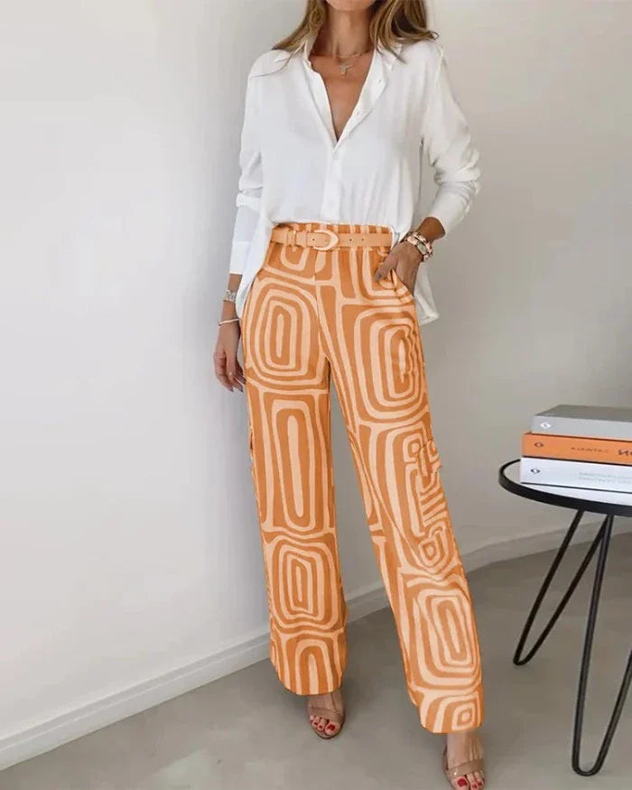 Elegante Dames Set Met Grafische Broek En Blouse – Stijlvol En Comfortabel Statement