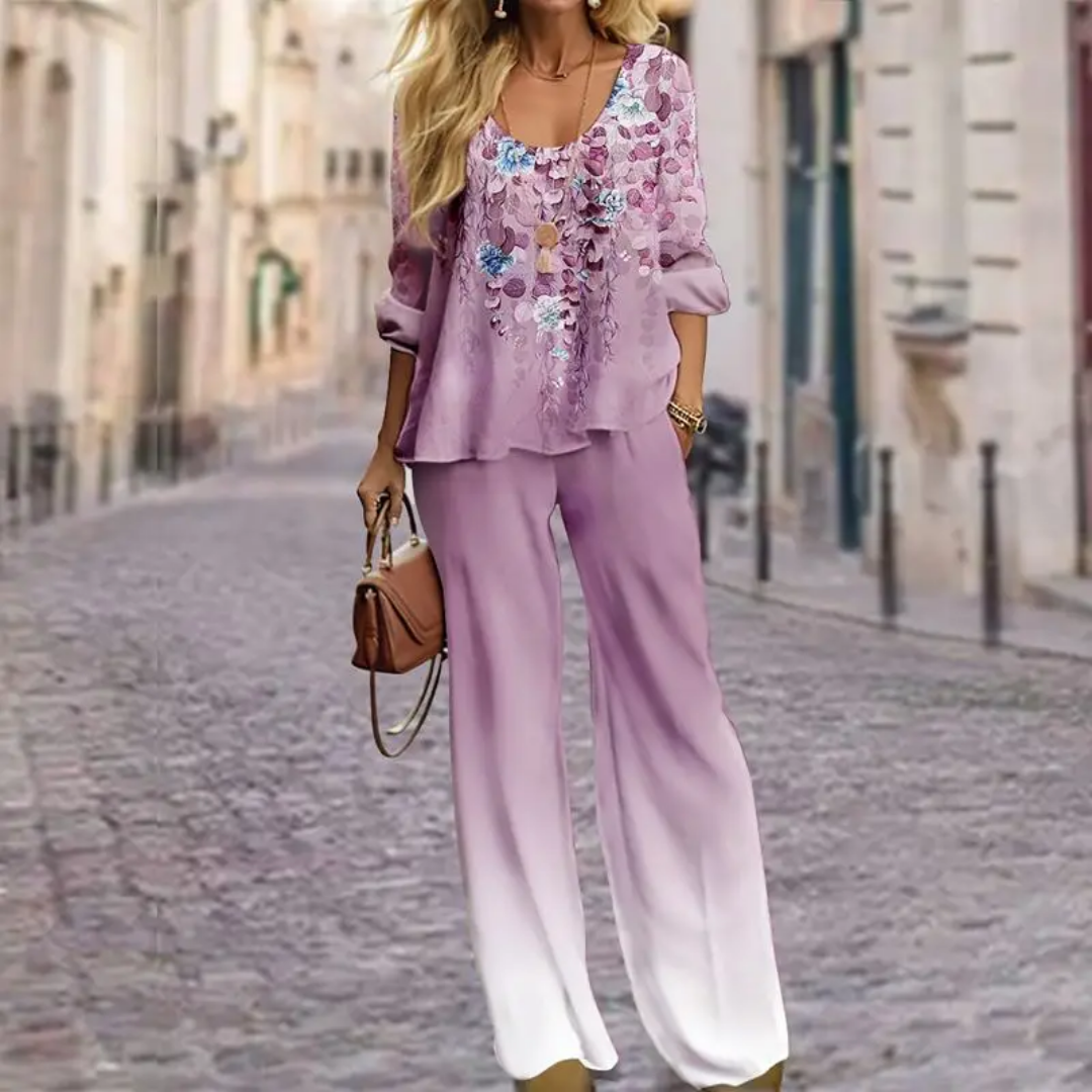 Luchtige Dames Set Met Bloemenprint – Elegante Top En Wijde Broek Voor Zomerse Dagen