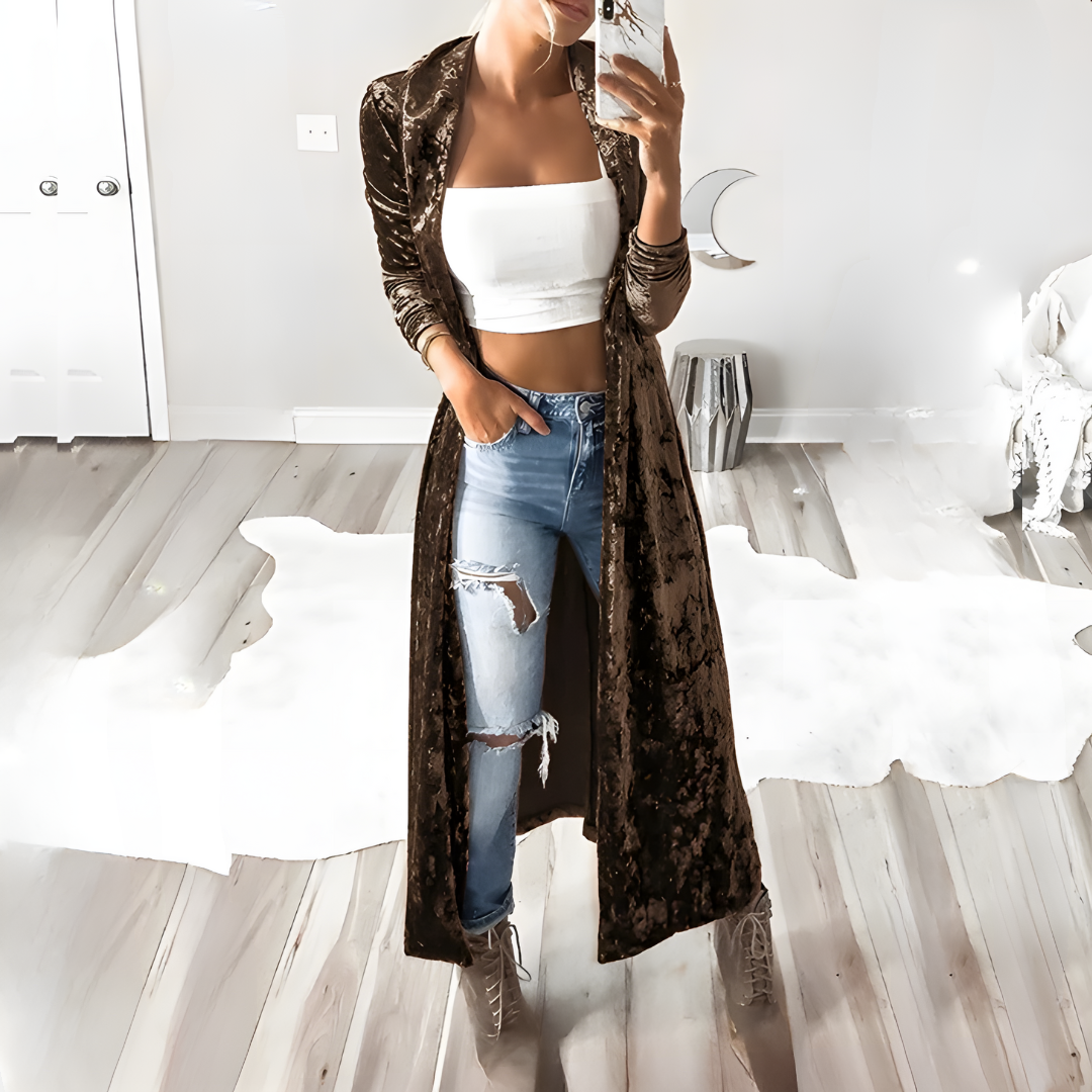 Lange Velvet Cardigan Met Glansstructuur – Luxe Layering Voor Elke Dag