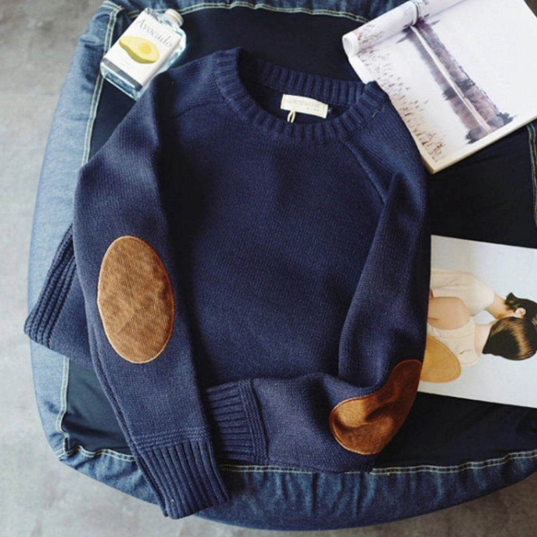 Heren Gebreide Trui Met Ronde Hals En Elleboogstukken