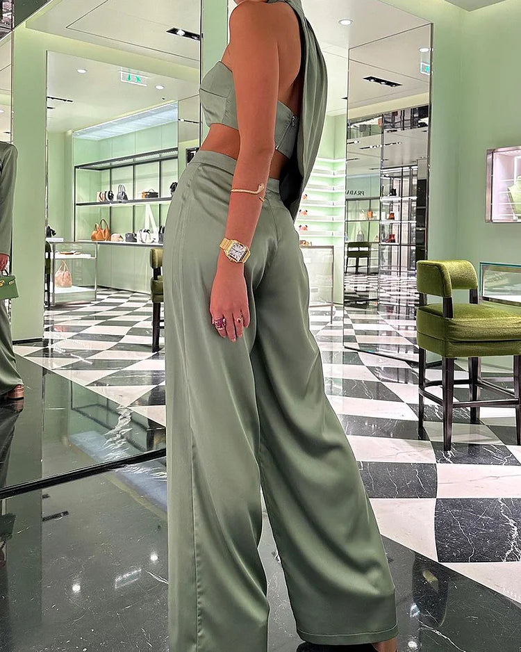 Dames Satijnlook Set Met Asymmetrische Top En Wijde Broek – Lente, Zomer En Events