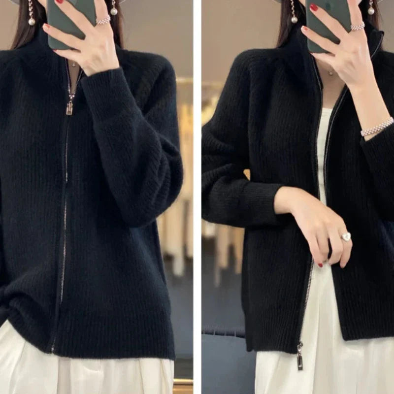 Dames Gebreid Vest Met Ritssluiting En Hoge Kraag