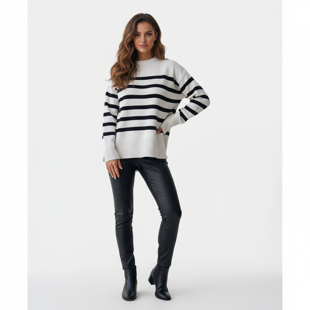Gebreide Trui Met Strepen – Minimalistische Elegantie Voor Lente & Herfst
