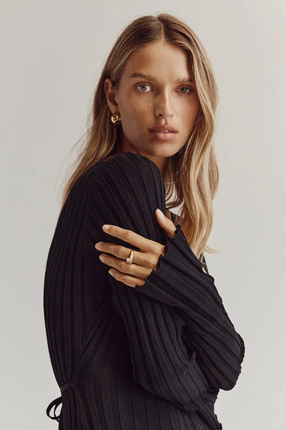 Dames Ribgebreide Maxi-Jurk Met V-Hals En Lange Mouwen – Voorjaar, Zomer En Herfst