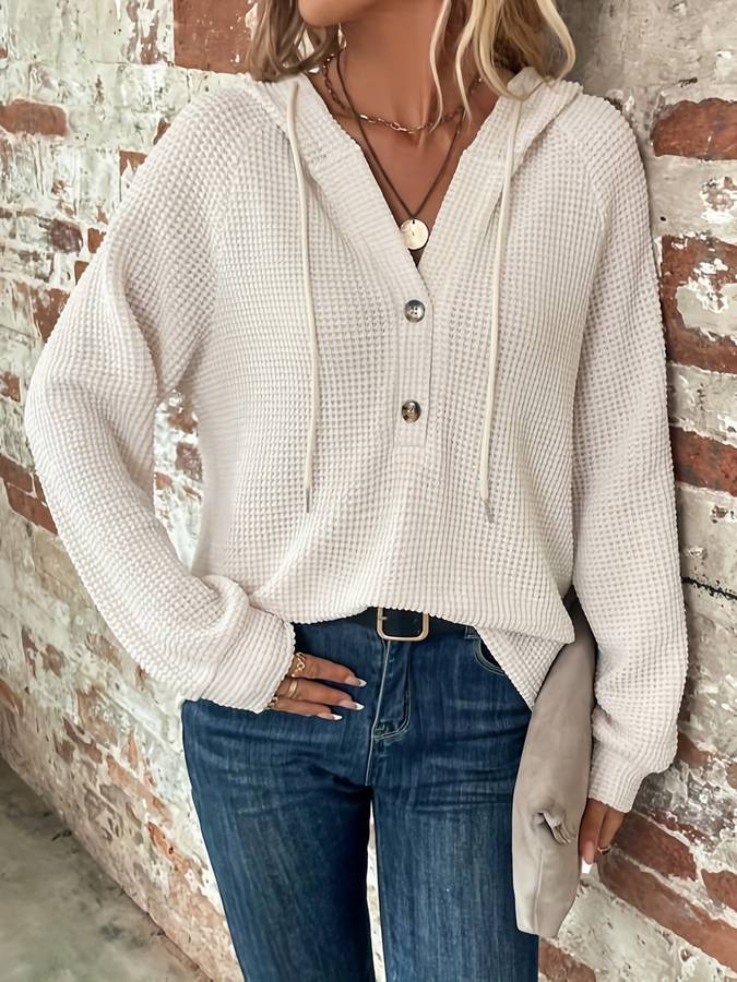 Gebreide Dameshoodie Met Knoopsluiting – Relaxte Essential Voor Najaar En Vroege Lente