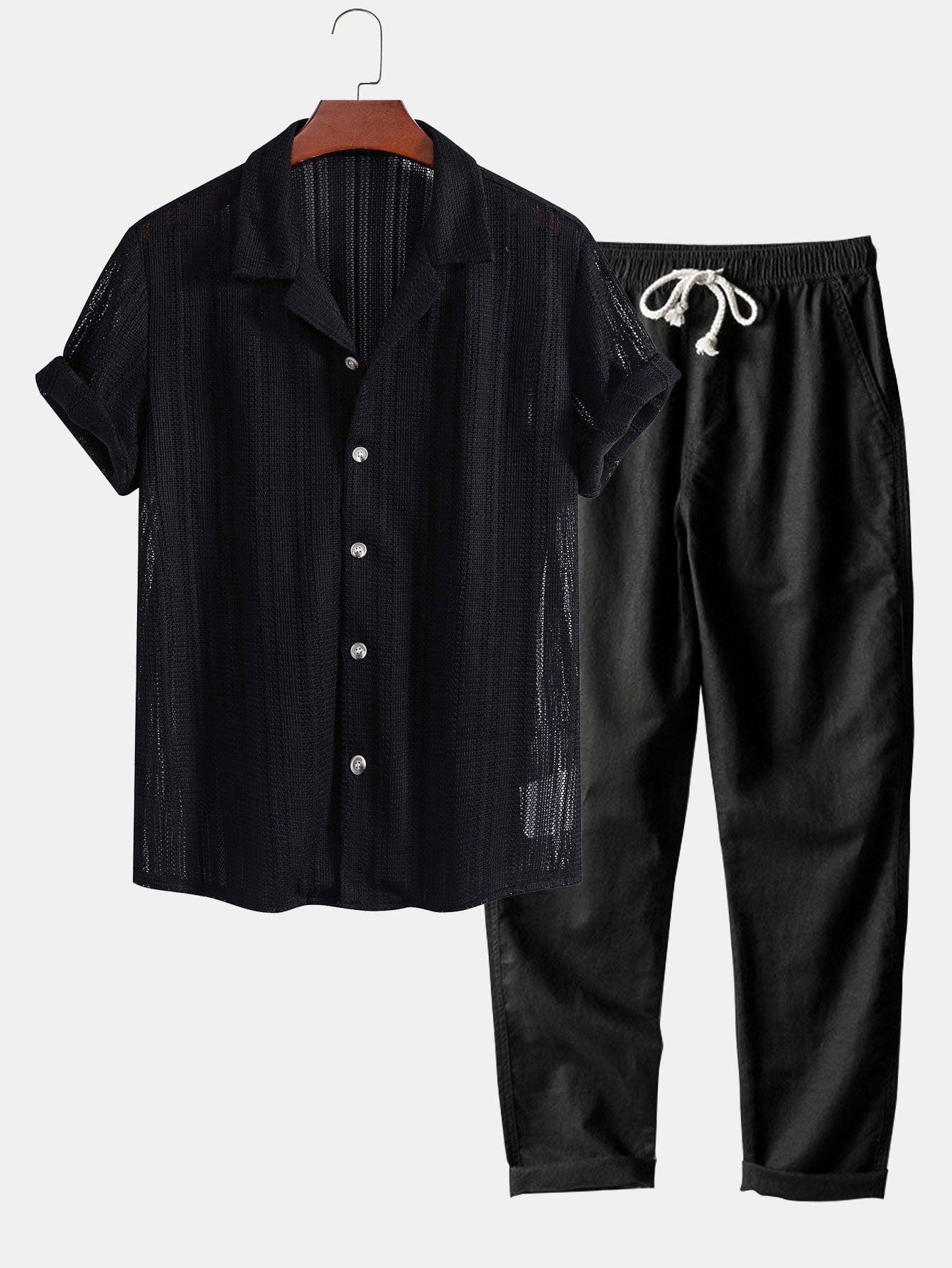 Zomerse heren set met opengewerkt overhemd en luchtige broek – ademend, relaxed & perfect voor vakantie