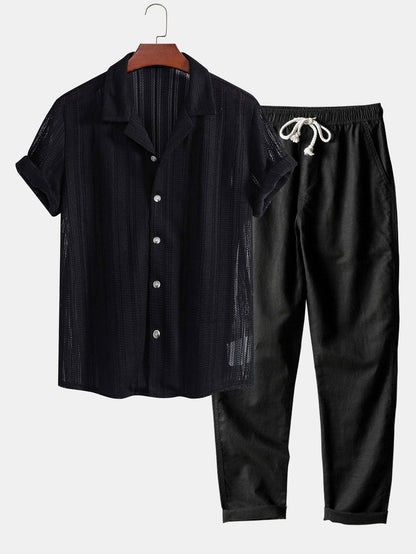 Zomerse heren set met opengewerkt overhemd en luchtige broek – ademend, relaxed & perfect voor vakantie