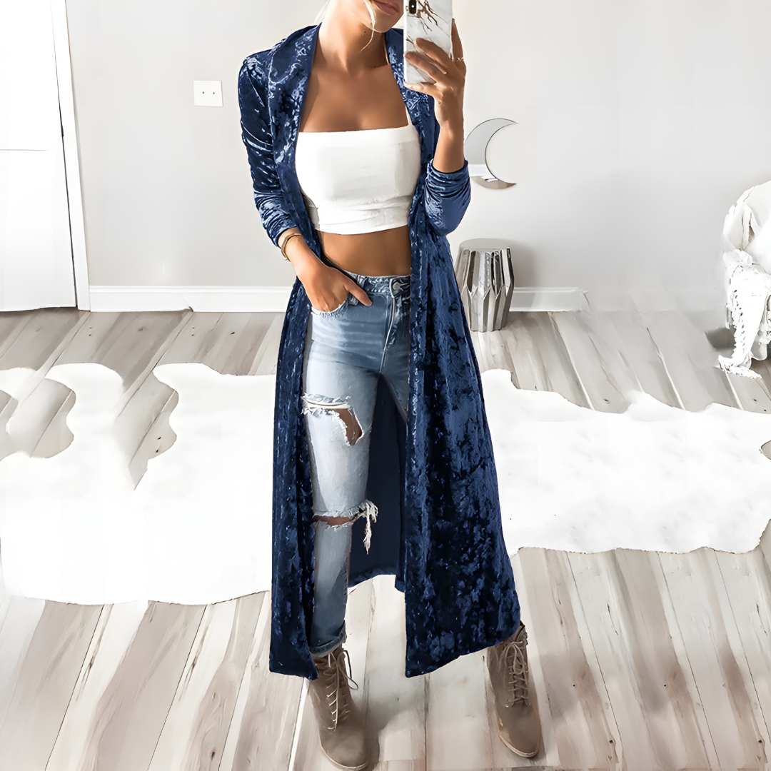 Lange Velvet Cardigan Met Glansstructuur – Luxe Layering Voor Elke Dag
