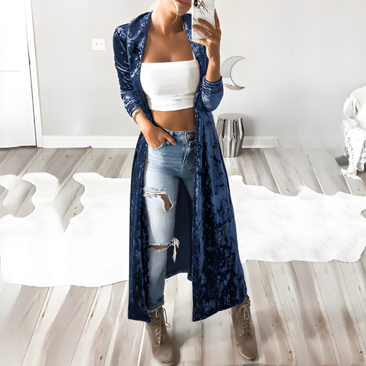 Lange Velvet Cardigan Met Glansstructuur – Luxe Layering Voor Elke Dag