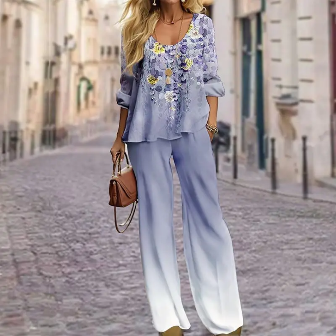 Luchtige Dames Set Met Bloemenprint – Elegante Top En Wijde Broek Voor Zomerse Dagen