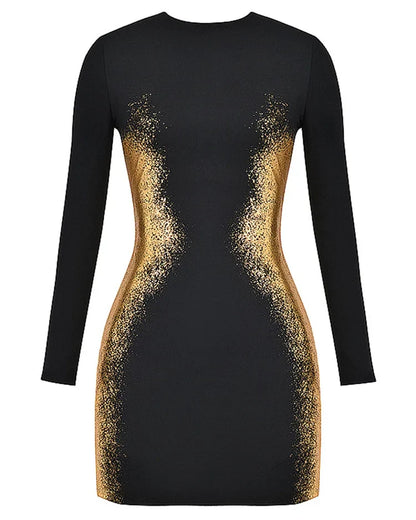 Dames Bodycon Mini-Jurk Met Lange Mouwen En Goudaccenten – Voor Herfst, Winter En Lente