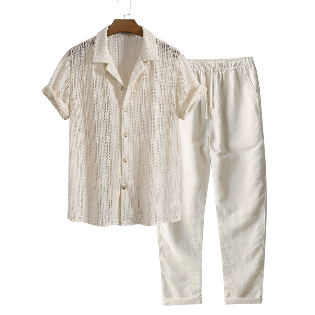 Zomerse heren set met opengewerkt overhemd en luchtige broek – ademend, relaxed & perfect voor vakantie