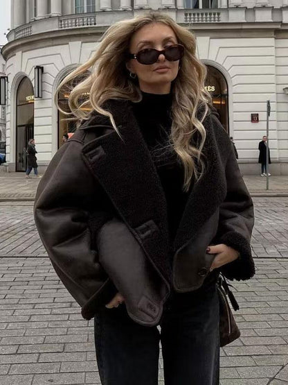 Korte Dames Teddy Jas Donkerbruin Leer