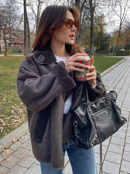 Korte Dames Teddy Jas Donkerbruin Leer