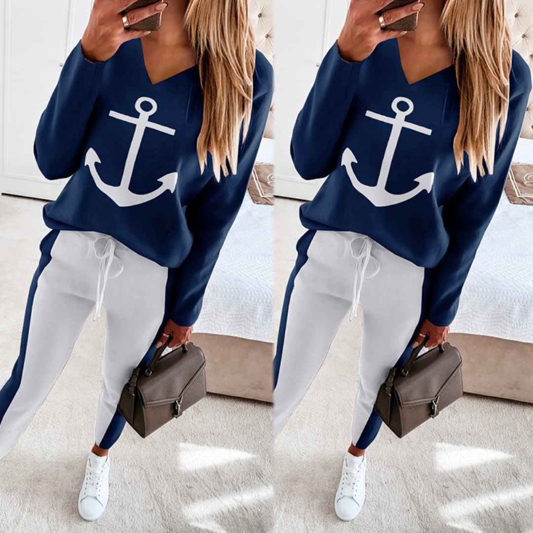 Sportieve Dames Loungewear Set Met Ankerprint – Casual Comfort Met Een Maritieme Twist