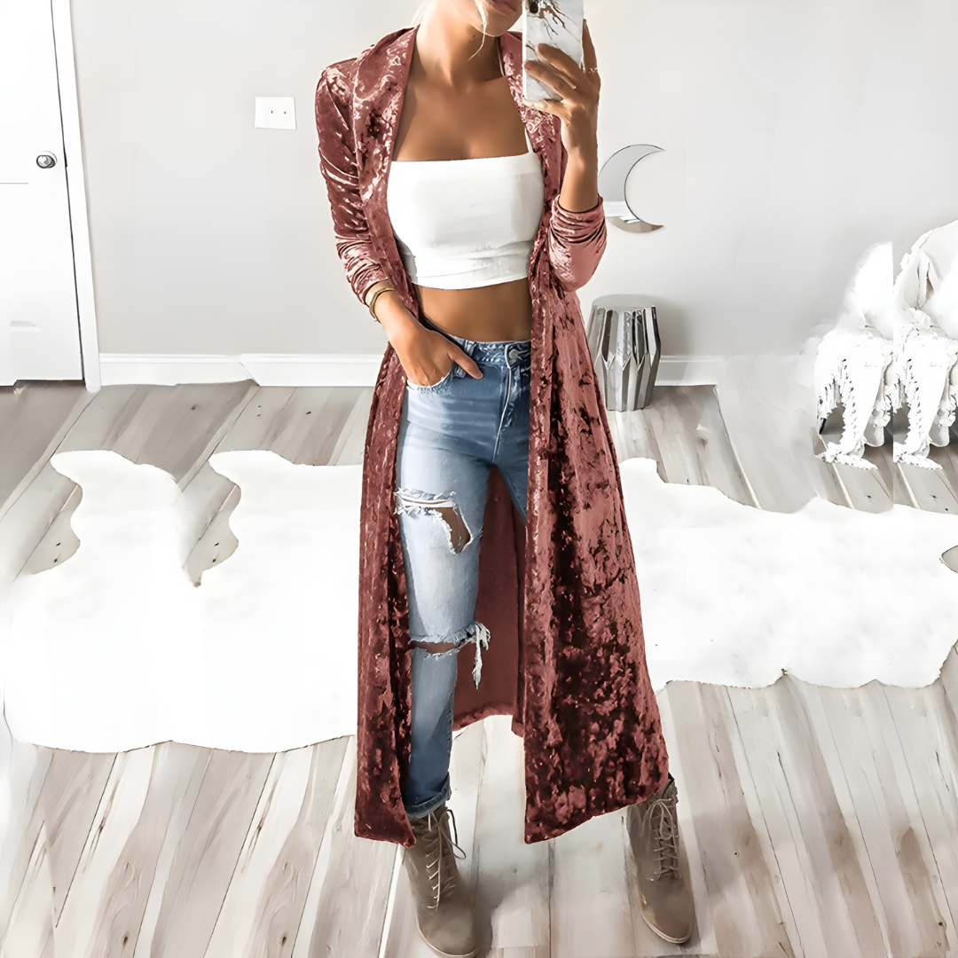 Lange Velvet Cardigan Met Glansstructuur – Luxe Layering Voor Elke Dag