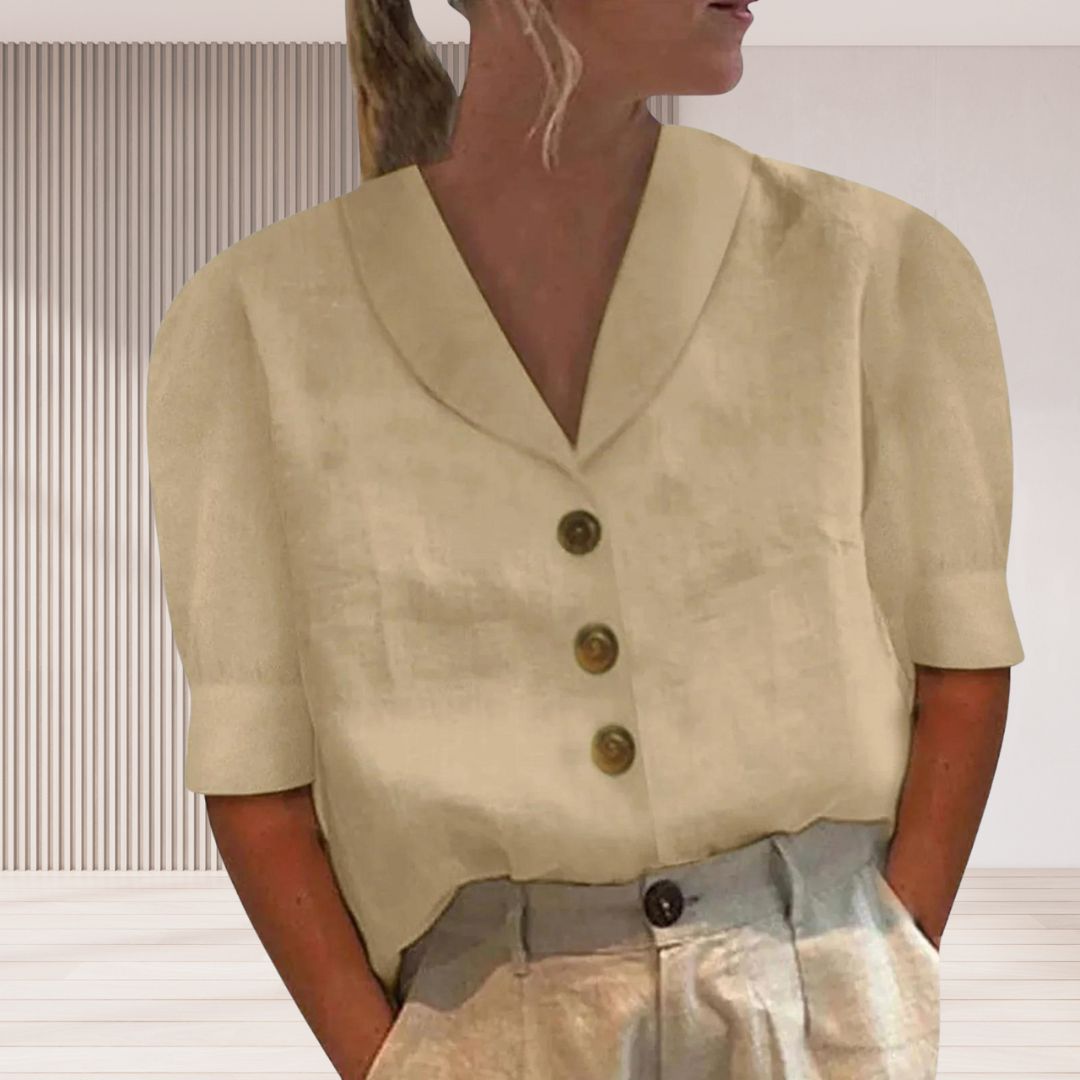 Dames Blouse Met Brede Kraag, Korte Mouwen En Knoopsluiting – Lente, Zomer En Vroege Herfst