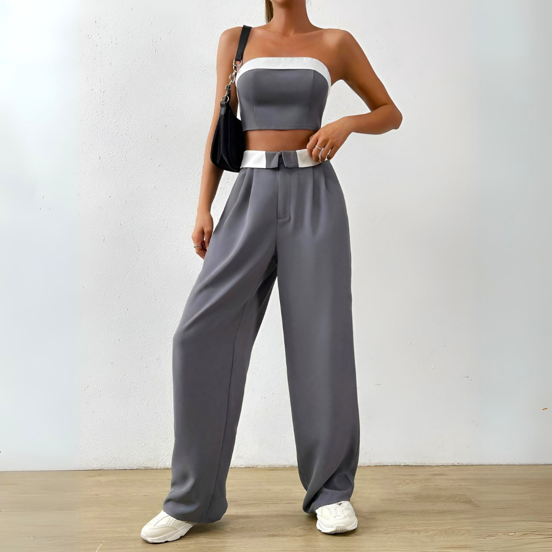 Tweedelige Dames Set Met Bandeautop En Wijde Pantalon – Modern En Minimalistisch