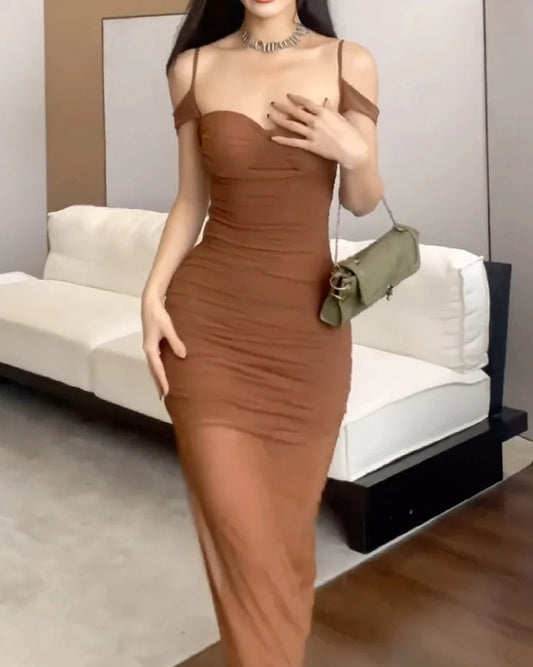 Sexy Bodycon Avondjurk Met Mesh En Off-Shoulder Bandjes – Ideale Damesjurk Voor Feest Of Diner