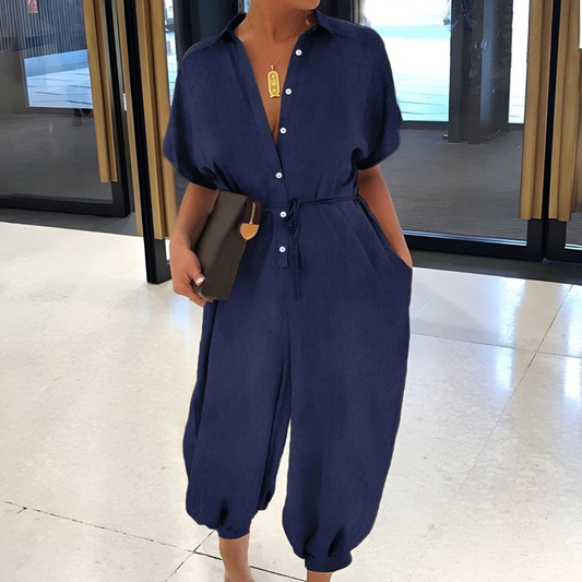 Casual Jumpsuit Met Knoopsluiting En Strikceintuur – Stijlvol En Comfortabel In Één