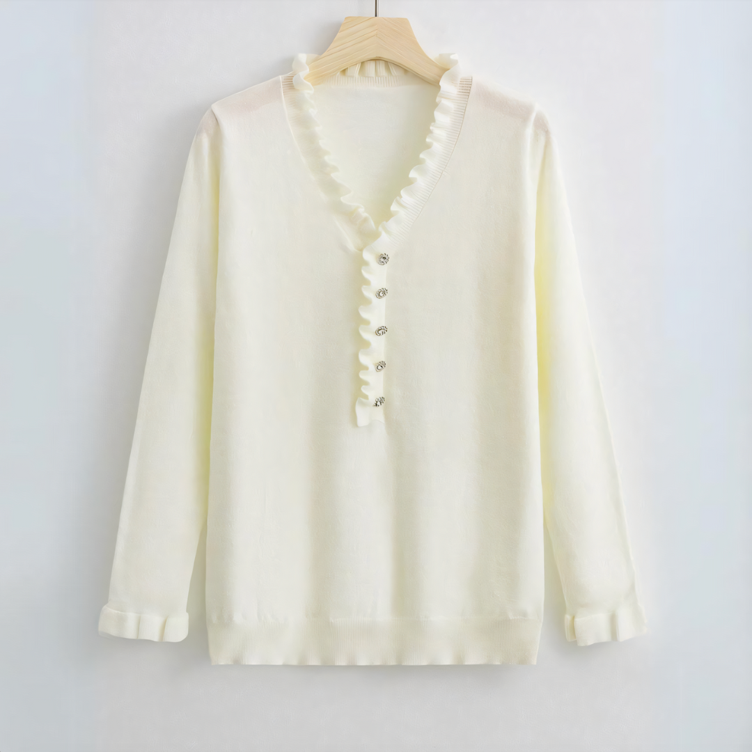 Zachte Trui Met Rufflekraag En Sierknopen – Vrouwelijke Chic Voor Elke Dag