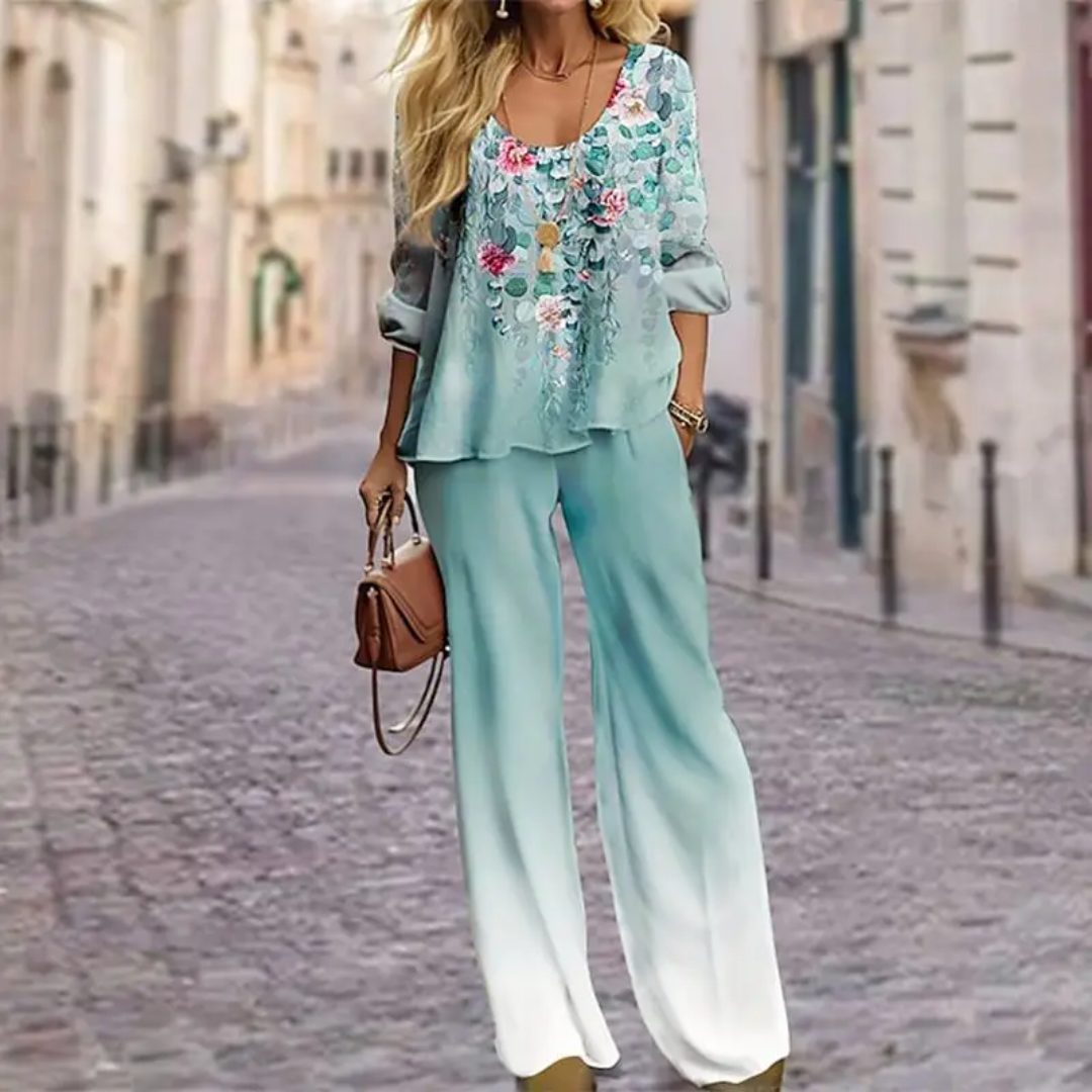 Luchtige Dames Set Met Bloemenprint – Elegante Top En Wijde Broek Voor Zomerse Dagen