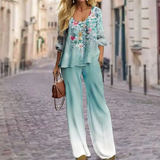 Luchtige Dames Set Met Bloemenprint – Elegante Top En Wijde Broek Voor Zomerse Dagen