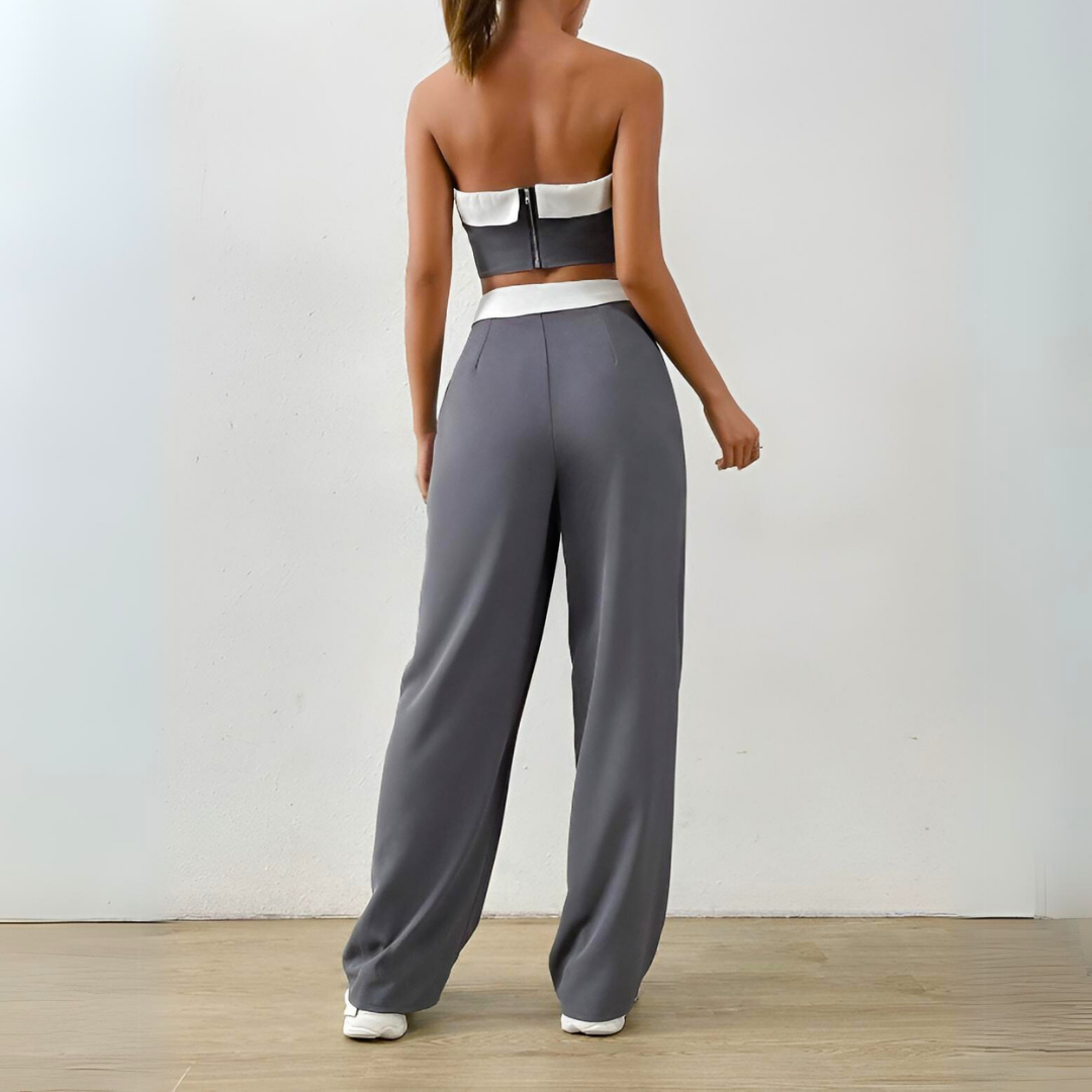 Tweedelige Dames Set Met Bandeautop En Wijde Pantalon – Modern En Minimalistisch
