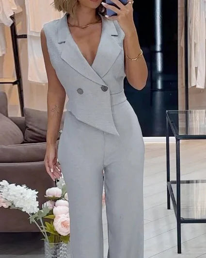 Mouwloze Dames Jumpsuit Met Reverskraag – Lente, Zomer En Herfst