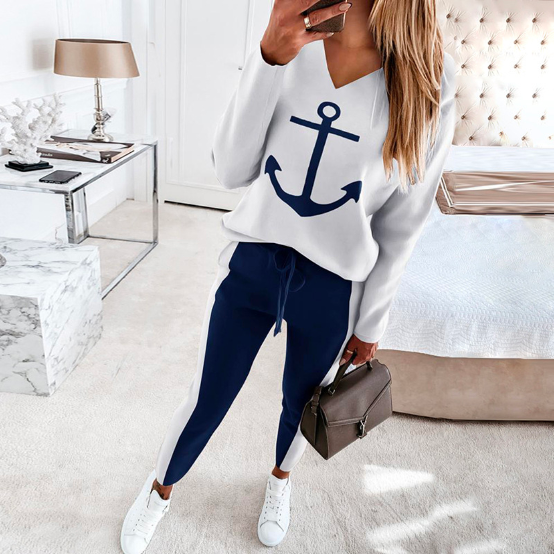 Sportieve Dames Loungewear Set Met Ankerprint – Casual Comfort Met Een Maritieme Twist