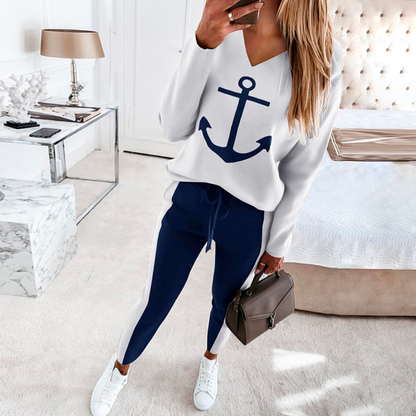 Sportieve Dames Loungewear Set Met Ankerprint – Casual Comfort Met Een Maritieme Twist