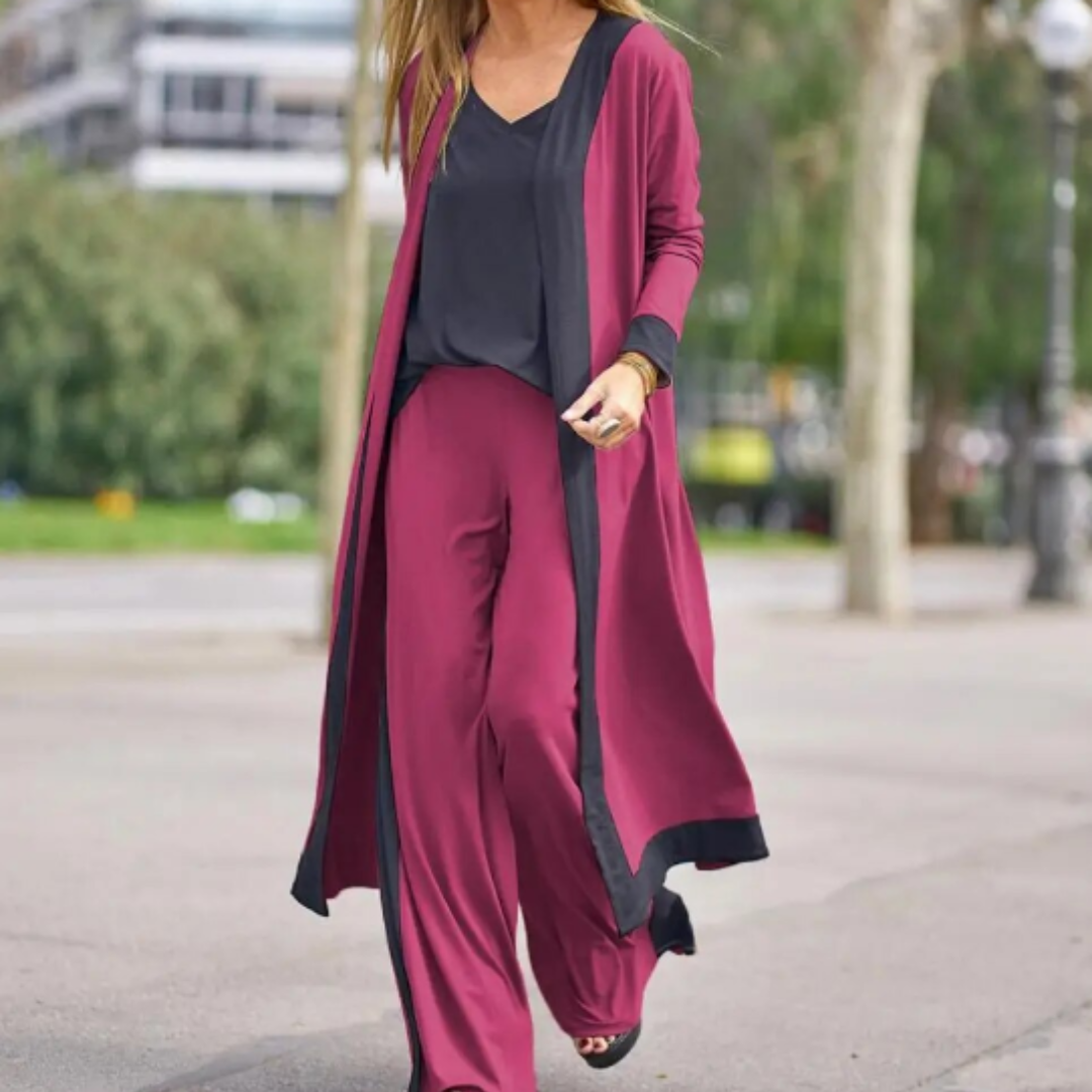 Driedelige Dames Set Met Lange Open Cardigan – Elegant En Comfortabel Voor Elke Dag