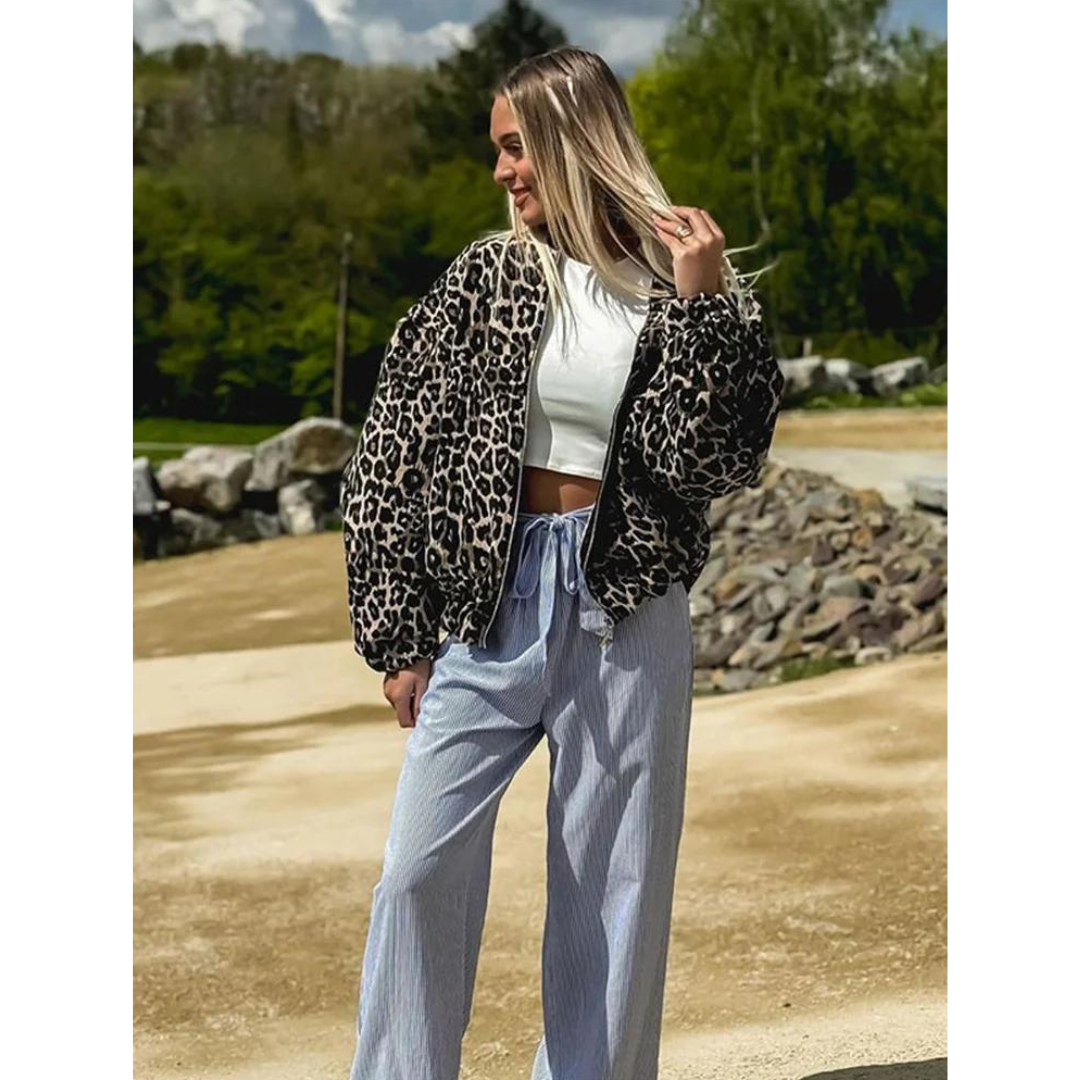 Luchtige Teddy Bomber Met Luipaardprint – Trendy Oversized Jas Voor Lente, Herfst & Koele Zomeravonden