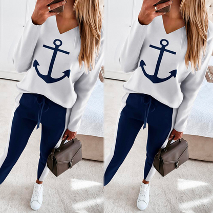 Sportieve Dames Loungewear Set Met Ankerprint – Casual Comfort Met Een Maritieme Twist