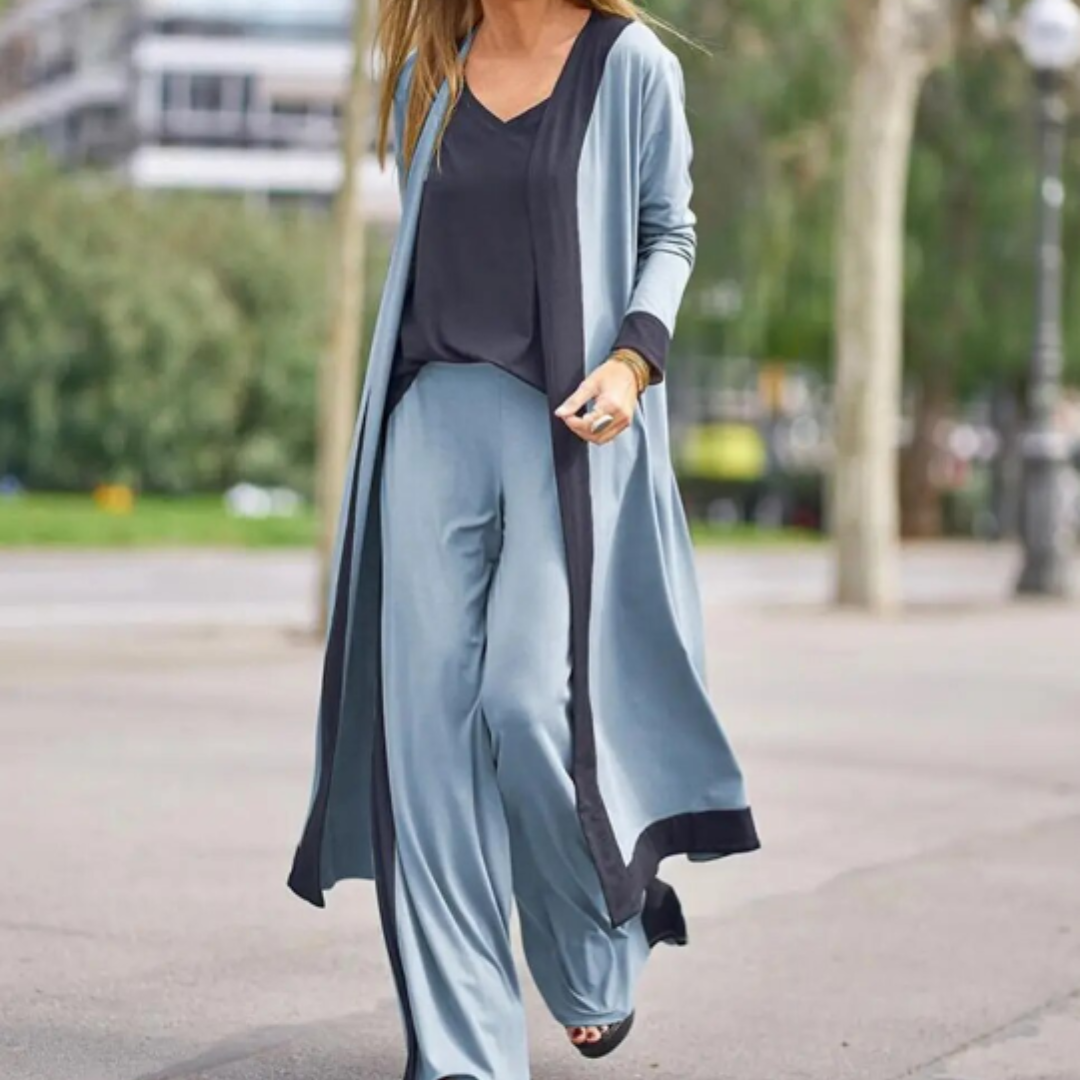 Driedelige Dames Set Met Lange Open Cardigan – Elegant En Comfortabel Voor Elke Dag