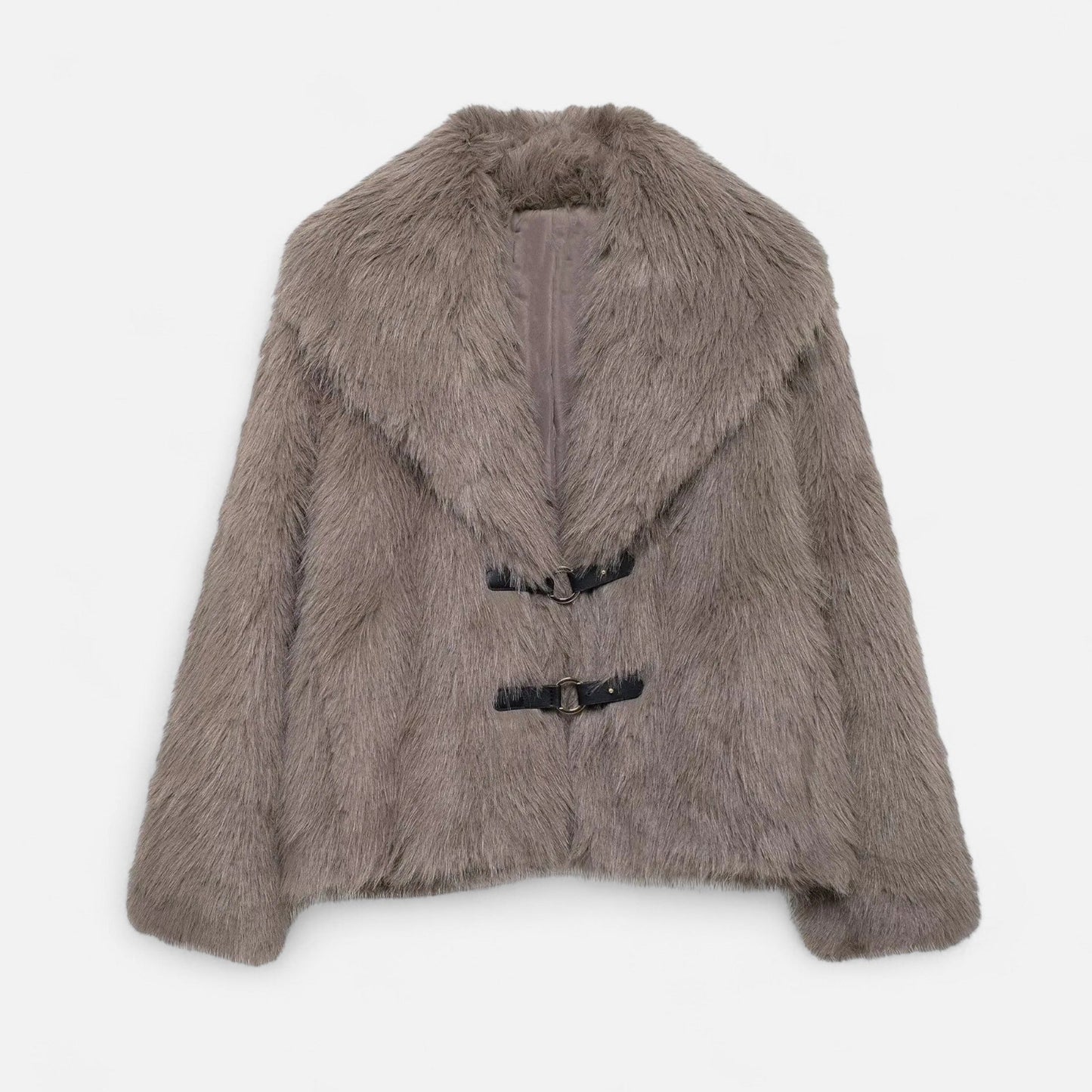 Dames Faux Fur Jas Met Gespsluiting En Brede Kraag