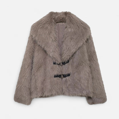 Dames Faux Fur Jas Met Gespsluiting En Brede Kraag