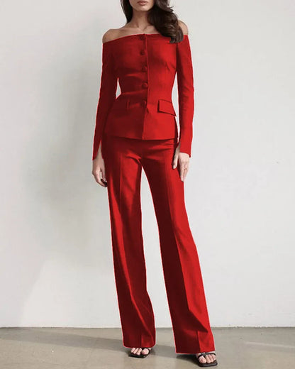 Dames Off-Shoulder Pak Met Getailleerde Blazer En Wijde Pantalon – Ideaal Voor Herfst, Winter En Voorjaar
