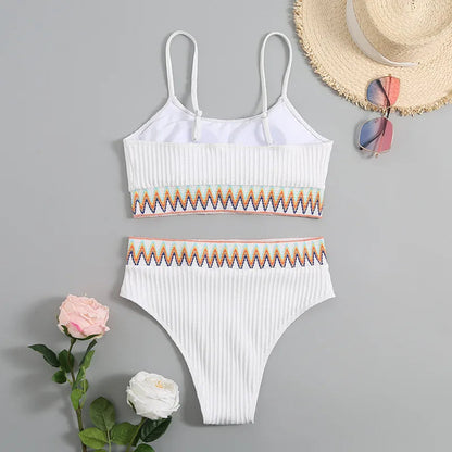 Bikini voor dames – ribstof met zigzagband, hoge taille & crop top – zomer en strand