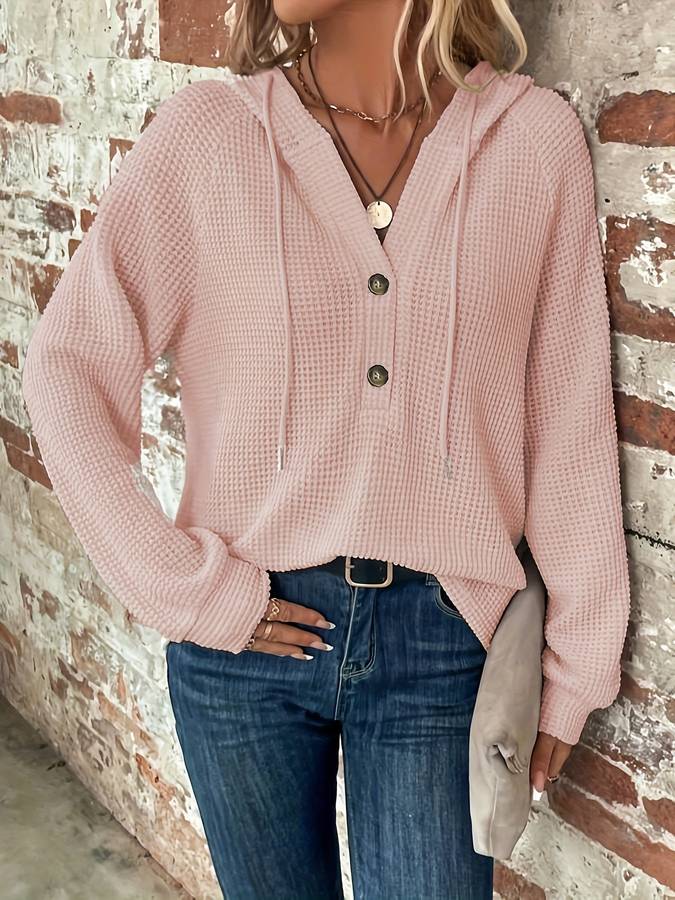 Gebreide Dameshoodie Met Knoopsluiting – Relaxte Essential Voor Najaar En Vroege Lente