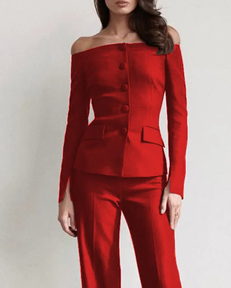 Dames Off-Shoulder Pak Met Getailleerde Blazer En Wijde Pantalon – Ideaal Voor Herfst, Winter En Voorjaar