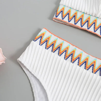 Bikini voor dames – ribstof met zigzagband, hoge taille & crop top – zomer en strand