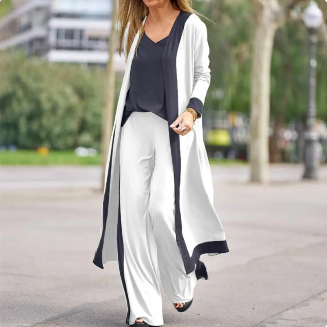 Driedelige Dames Set Met Lange Open Cardigan – Elegant En Comfortabel Voor Elke Dag