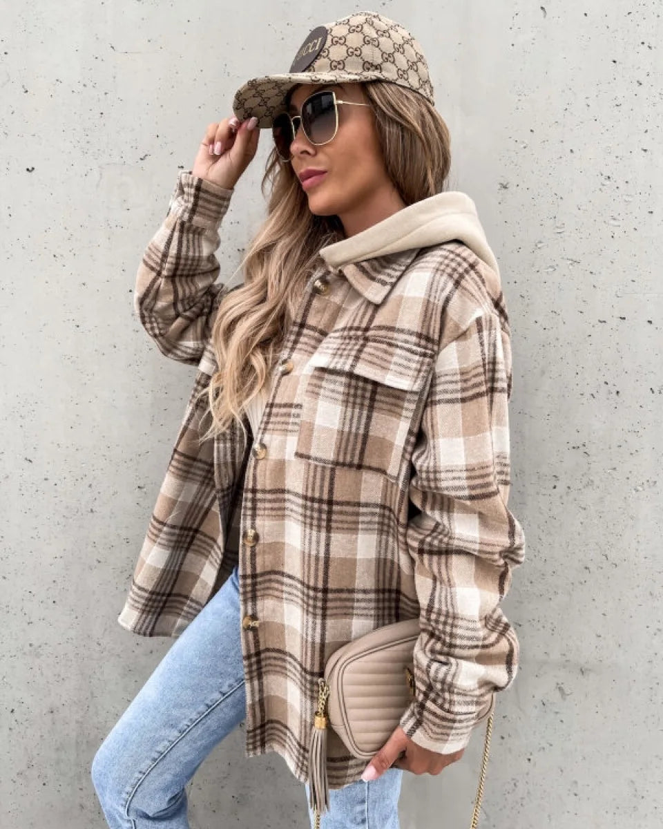 Geruite Jas Met Capuchon En Knoopsluiting – Casual Dames Tussenjas Voor Herfst & Lente