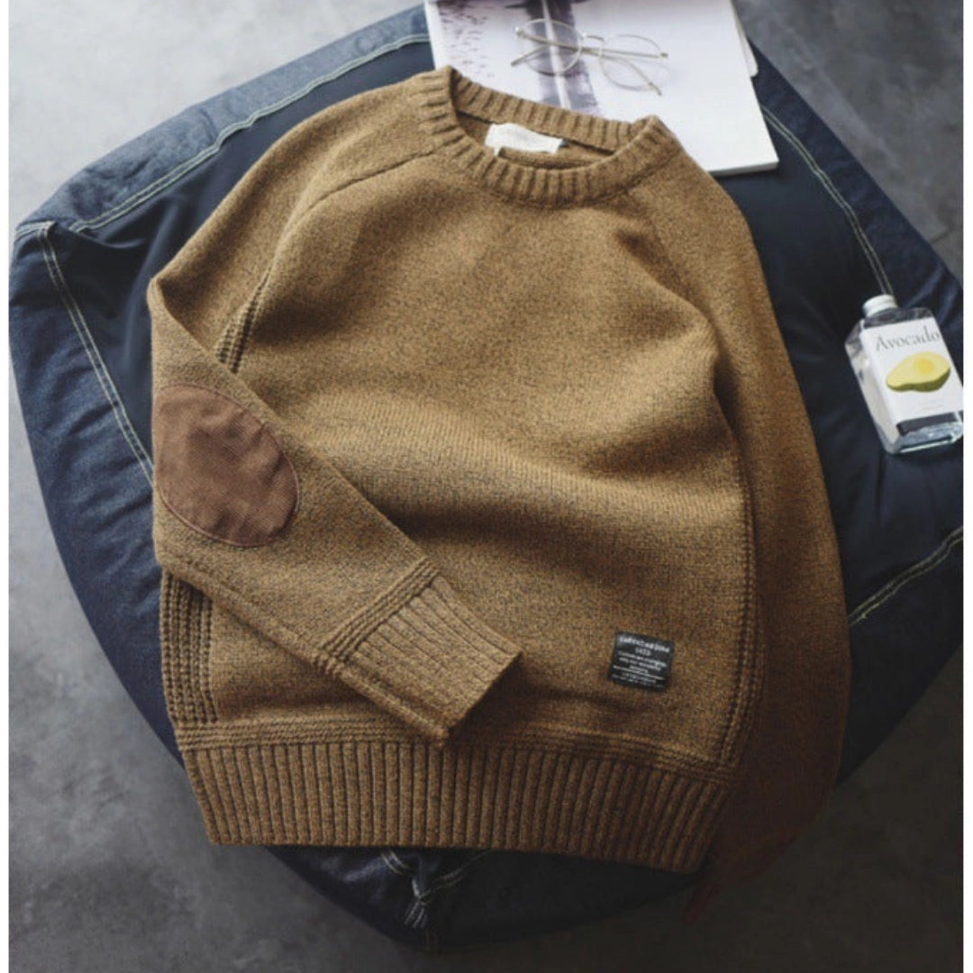 Heren Gebreide Trui Met Ronde Hals En Elleboogstukken