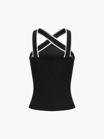 Stijlvolle Gebreide Top Voor Modebewuste Vrouwen – Contrastkleurige Bies, Verstelbare Bandjes & Ademend Comfort Voor Elke Gelegenheid.