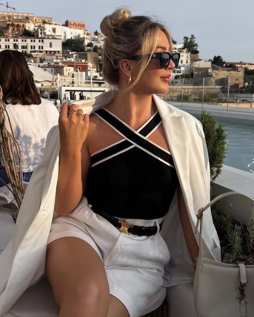 Stijlvolle Gebreide Top Voor Modebewuste Vrouwen – Contrastkleurige Bies, Verstelbare Bandjes & Ademend Comfort Voor Elke Gelegenheid.