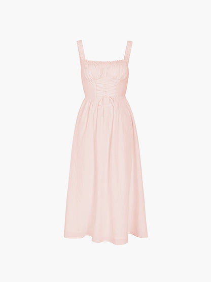 Dames Midi Jurk Met Brede Bandjes – Gesmokte Top, Tailleaccent & Luchtige Zomerpasvorm