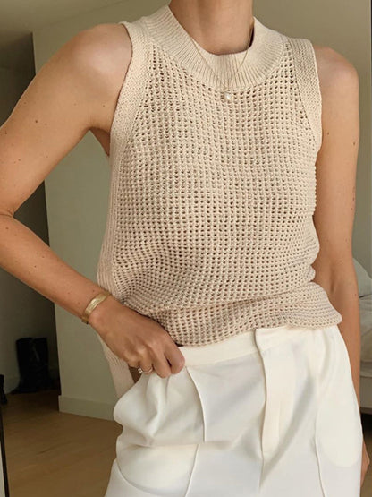 Gebreide Hollow Solid Tanktop Voor Modebewuste Vrouwen – Luxe Zachte Stof, Tijdloos Ontwerp & Ideaal Voor Zomerse Avonden Of Casual Uitjes.