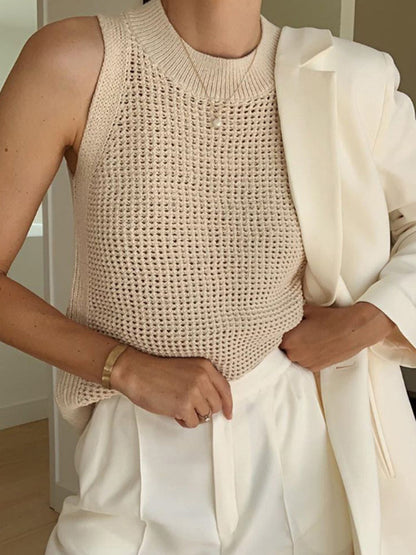Gebreide Hollow Solid Tanktop Voor Modebewuste Vrouwen – Luxe Zachte Stof, Tijdloos Ontwerp & Ideaal Voor Zomerse Avonden Of Casual Uitjes.